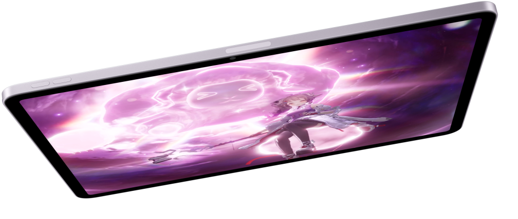 iPad Air în dispunere orizontală, afișând un joc video, cu alte două modele iPad Air mai jos