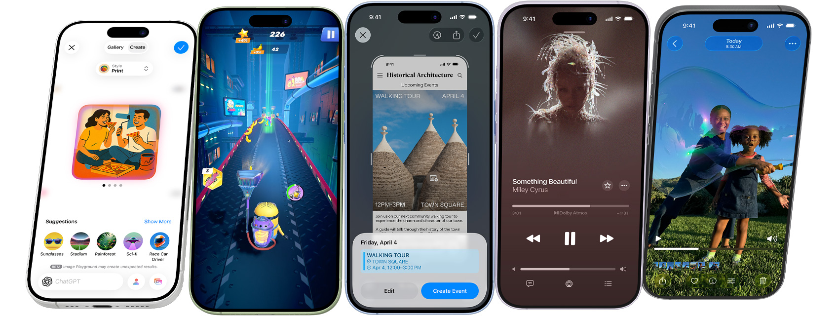 Dispozitive iPhone 17 care se rotesc continuu și se opresc pe ecrane care afișează funcțiile iPhone.