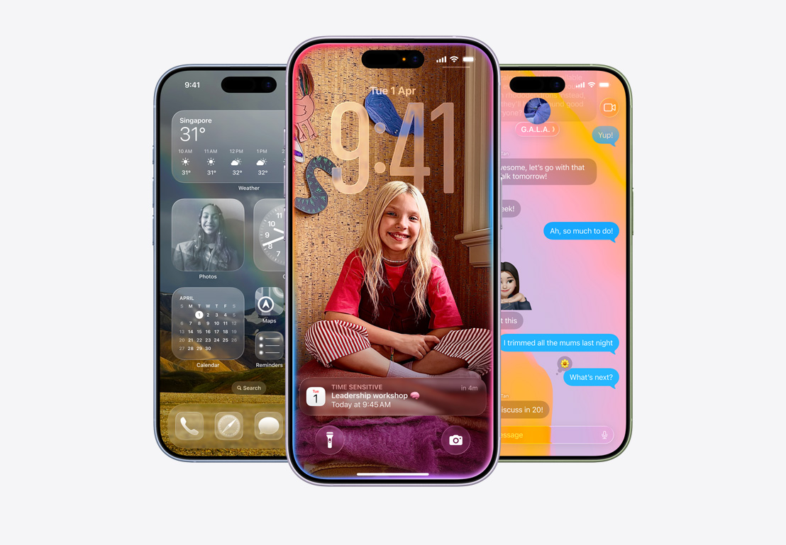 iPhone screen showing call screening pop-up, iPhone screen showing Calendar pop-up on personalised background with photo of a child, iPhone screen showing Messages with Liquid Glass design