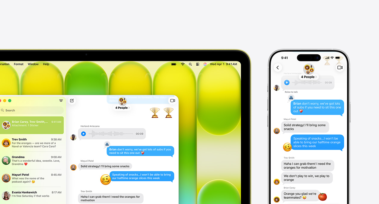 MacBook Neo, citrus colour, showing group chat in Messages app and other recent messages, iPhone next to it shows same group chat