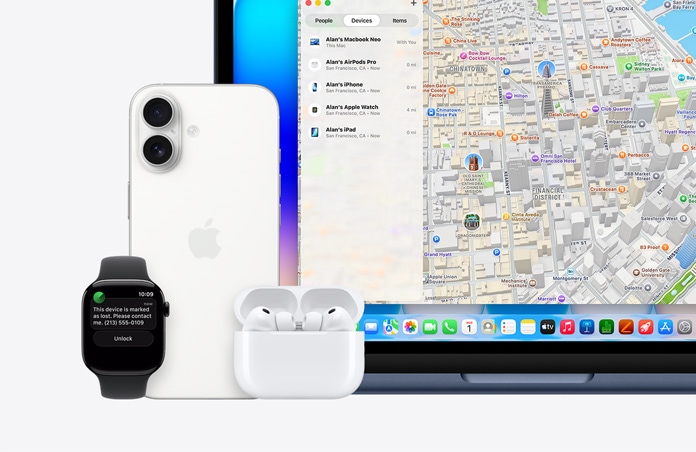 Apple Watch s textom „Toto zariadenie je označené ako stratené, kontaktujte ma“ na obrazovke spolu s telefónnym číslom. Vedľa sú iPhone, AirPods Pro a MacBook Neo v indigovej farbe s apkou Nájsť, ktorá zobrazuje mapu a zoznam zariadení s ich polohami.