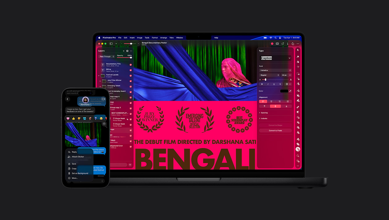 หน้าจอ iPhone 16 แสดงภาพถ่ายของผู้หญิงที่สวมผ้าคลุมผมสีชมพูในแอปข้อความ, การโต้ตอบด้วยอิโมจิ, ตัวเลือกรูปภาพ, หน้าจอ MacBook Pro รุ่น 14 นิ้ว แสดงภาพถ่ายของผู้หญิงที่สวมผ้าคลุมผมสีชมพู, โปสเตอร์ภาพยนตร์, เครื่องมือปรับแต่งทางด้านซ้ายและขวา