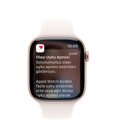 Apple Watch Series 11, roze altın rengi, alüminyum kasa, genişletilmiş uyku apnesi bildirimi, sağ dış görünüm, Digital Crown, Spor Kordon, bulut pembesi renk