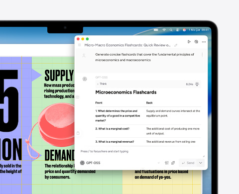 MacBook Air ekranında mikro ve makro ekonomi hakkında bilgi kartları oluştururken Apple Intelligence Yazma Araçları gösteriliyor