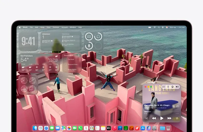 MacBook Neo 螢幕顯示海邊露台的自訂桌面背景圖片，以及音樂、行事曆、天氣和提醒事項等各種小工具
