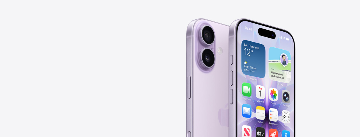 iPhone 17 in Lavender finish, front exterior with partial Home Screen displayed, side angle shows Action and volume buttons Back exterior shows Dual Fusion camera system in top left corner, Camera Control button
