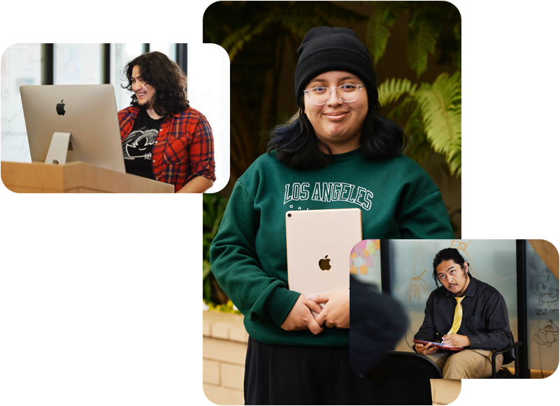 Three photos of students from Exceptional Minds program, student working with Mac computer, student holding iPad with back of device facing outwards, student watching a model and sketching on iPad using Apple Pencil