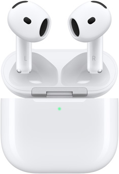 Căștile AirPods 4 deasupra carcasei de încărcare cu capacul deschis.