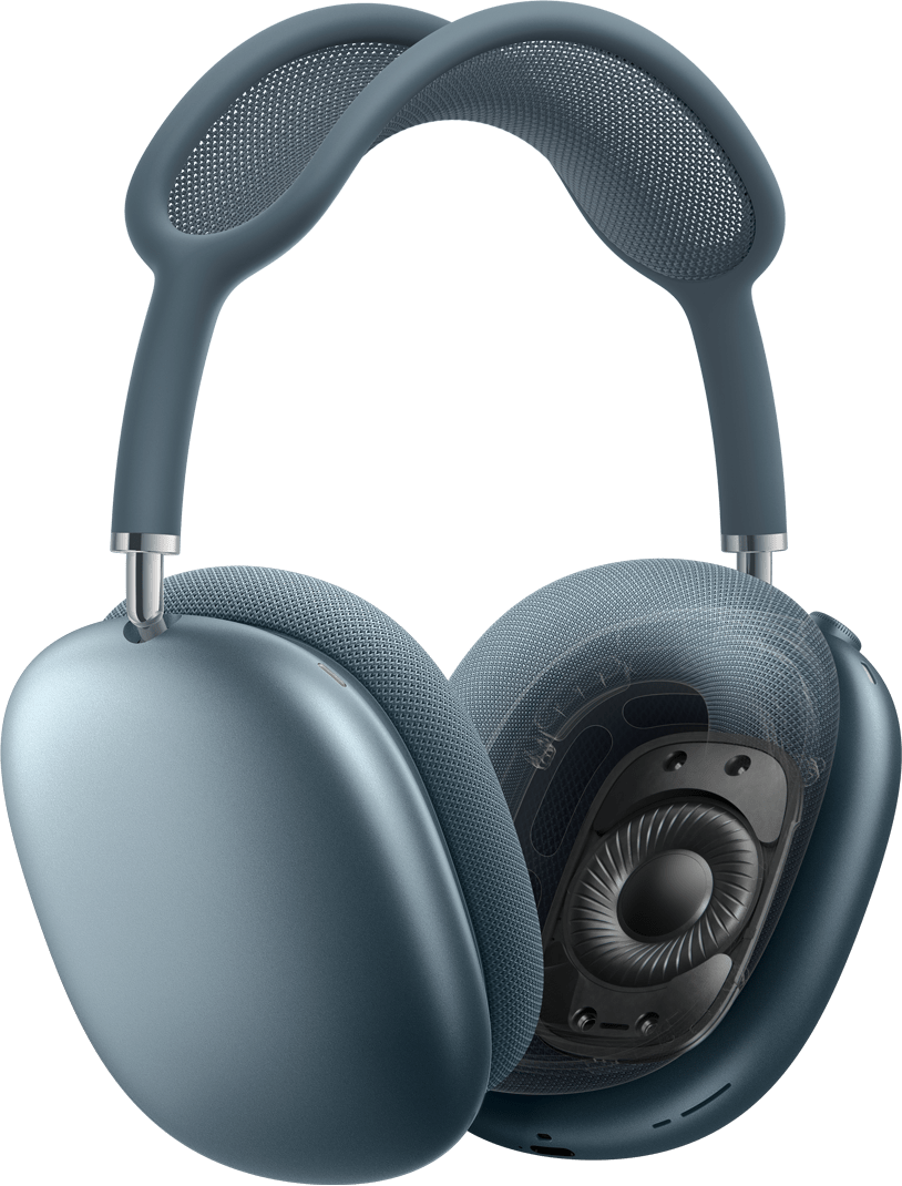 3/4 kuta slušalica AirPods Max. Lijeva slušalica je izrezana i pokazuje unutarnju tehnologiju.