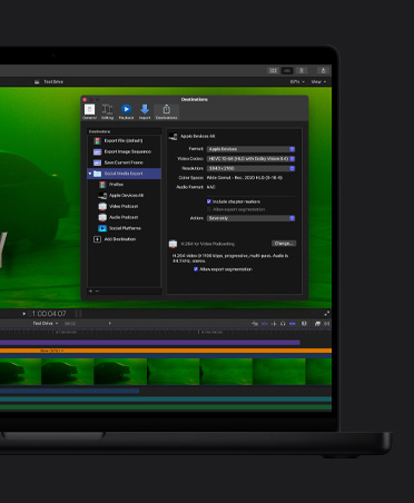 MacBook Pro 16 screen showing car in green moody lighting, video clips at the bottom of screen, export file window open