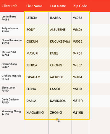 A white and red spreadsheet with client info, Magic Fill feature indicating filled out empty cells in yellow