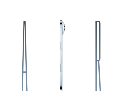 The word Air, spelled in thin, chrome-colored letters. The I in Air is a side view of an iPhone Air device in Sky Blue. It shows a button and part of a camera peeking out from the top right.