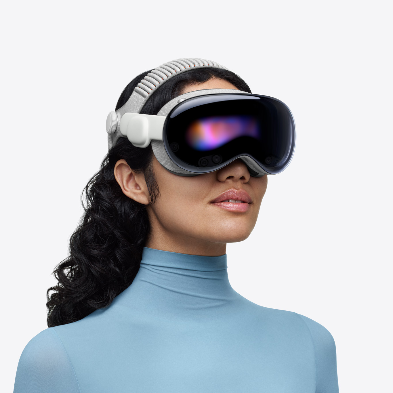 Person wearing Apple Vision Pro, assembled with Dual Knit Band