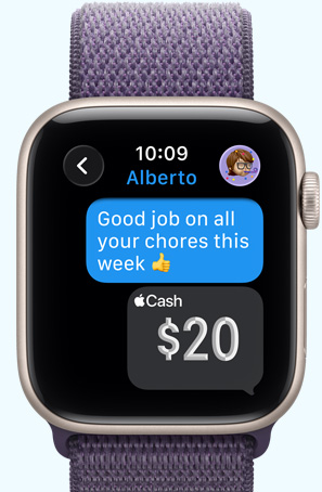 Apple Watch SE 3, aluminum case, starlight color, 20 dollars in Apple Cash sent in Messages app, purple fog Sport Loop