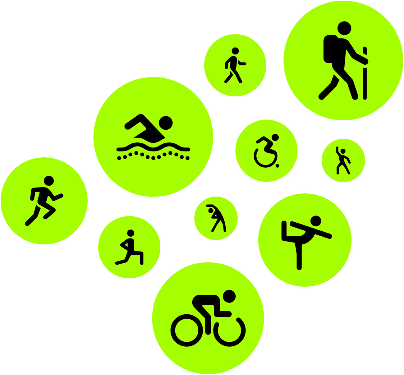 Workout icons: run, walk, swim, hike, cycle, dance, stretch, yoga