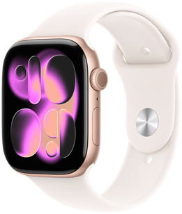 Apple Watch Series 11, rose gold color, aluminum case, Responsive Art watch face, right side exterior, Digital Crown, microphone, side button, Sport Band, light blush color, silver pin-and-tuck closure