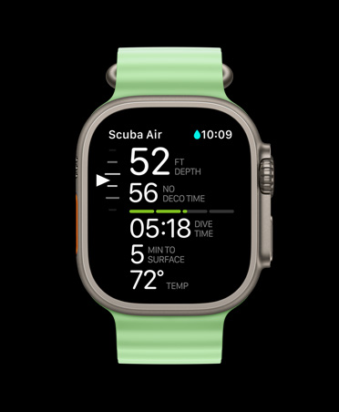 Apple Watch Ultra 3, Farbe Natur, Titangehäuse, Oceanic+ Tauchgangsmetriken: Tiefe, Dekozeit, Tauchzeit, Minuten zur Oberfläche, Wassertemperatur, Ocean Armband, Farbe Neongrün