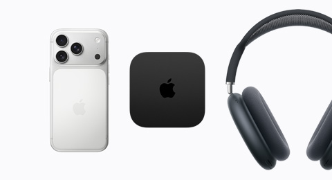An iPhone 17 Pro in Silver color, an Apple TV 4K, and AirPods Max in Midnight color