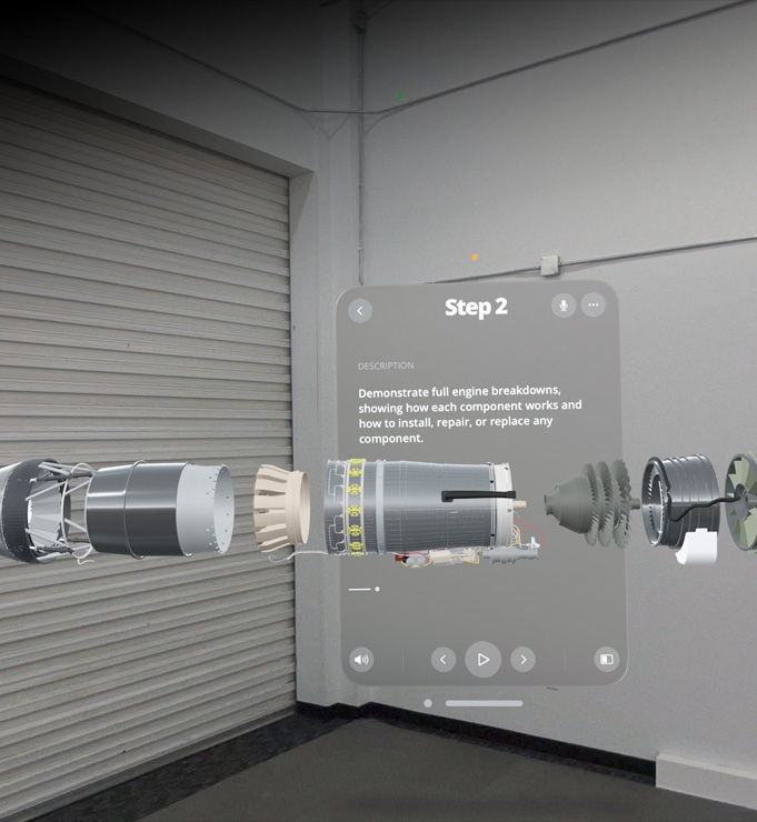 Eine digitale Anzeige einer Anleitung zur Motormontage zeigt Schritt Zwei mit einer Beschreibung und einem Bild der Motorteile