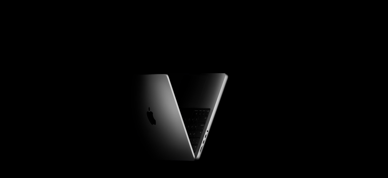 MacBook Pro positioned into the shape of a V, referencing the M5 chip family