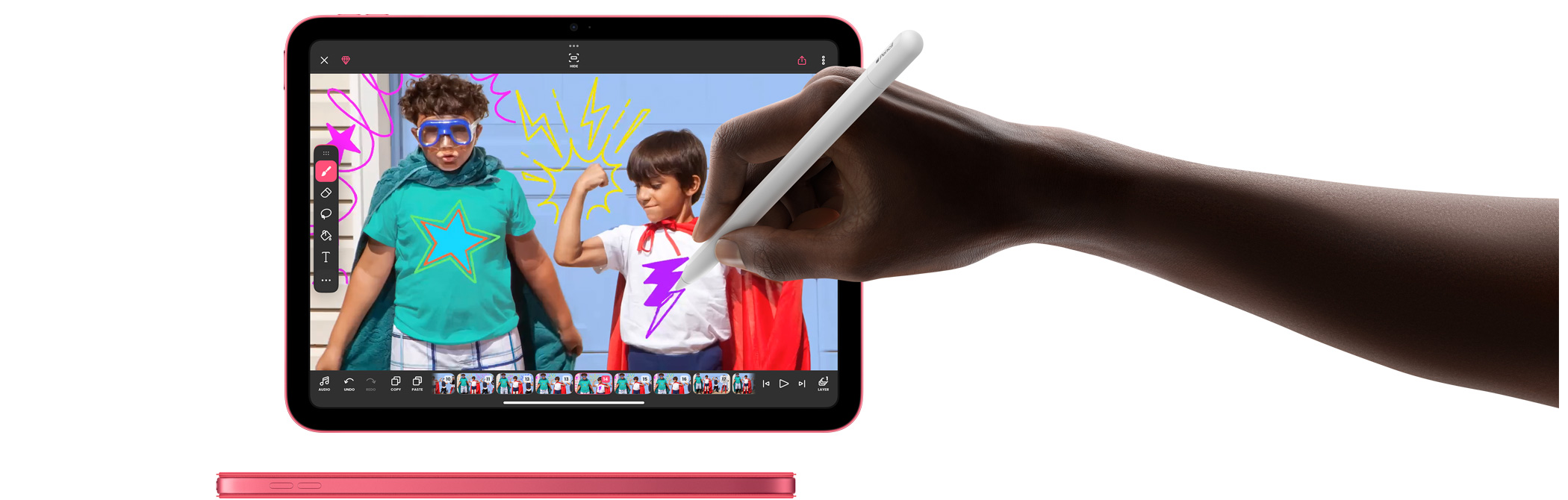 A user holds Apple Pencil and draws in FlipaClip app.