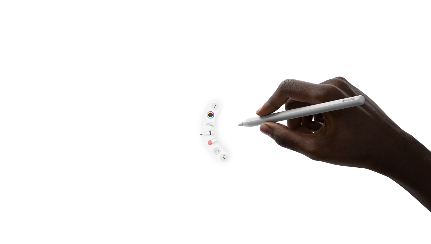 iPad Pro, face avant, orientation paysage, animation d’une main tenant un Apple Pencil Pro, geste de pincement faisant apparaître une palette d’outils sous la pointe du stylet