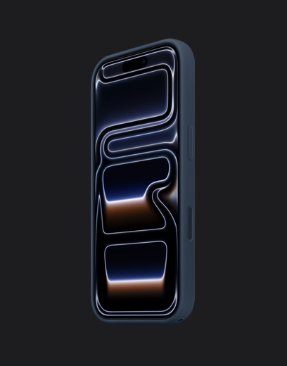 iPhone 17 Pro, voorkant, in de kleur Diepblauw, met siliconenhoesje, kleur marineblauw