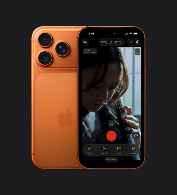 iPhone 17 Pro-scherm met ProRes RAW-feature tijdens een video-opname van een vrouw die cello speelt