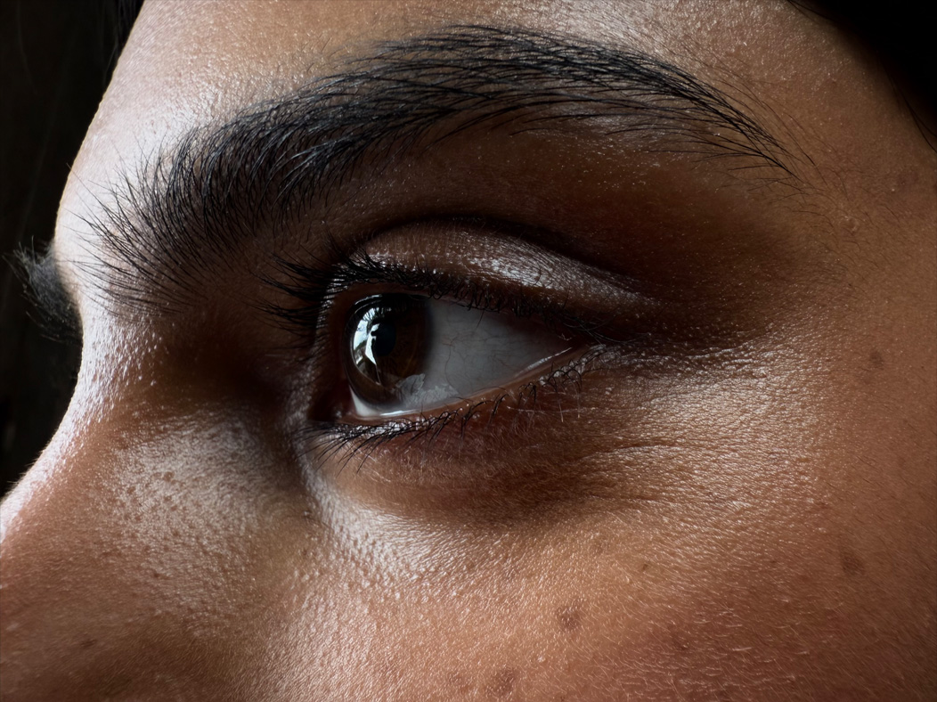 Een vrouw in een lege ruimte wordt gefotografeerd. Bij de zijkant van het gezicht van een vrouw is ingezoomd op haar ogen. De Foto-app wisselt van brandpuntsafstanden om de mogelijkheden van het pro-camerasysteem te laten zien, met de volgende opties: Macro