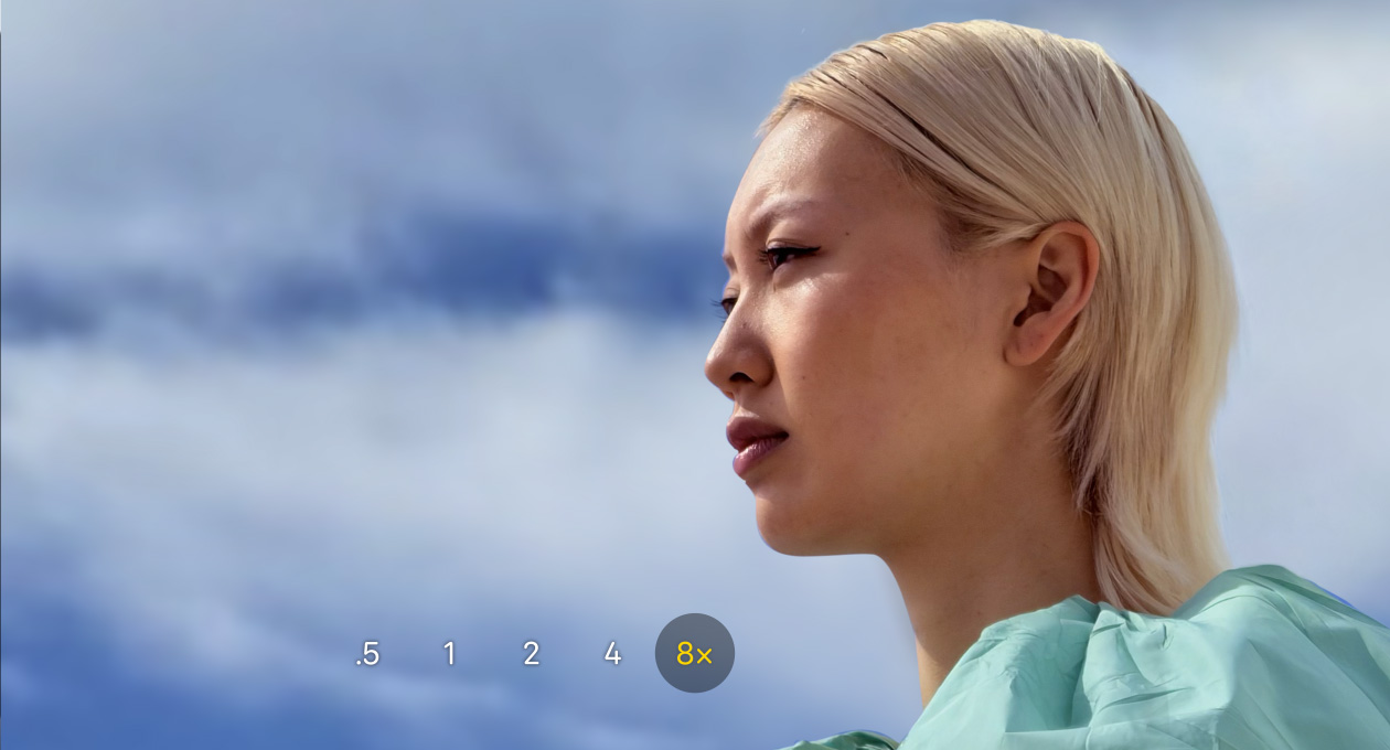 iPhone 17 Pro, Camera-app, 0,5x, 1x, 2x, 4x en 8x optische zoom, met de optie 8x geselecteerd.