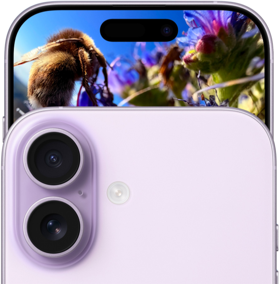 iPhone 17, face avant avec système à deux caméras Fusion, face arrière, coloris lavande.
