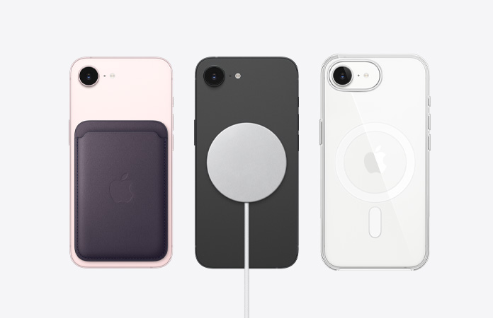 iPhone 17e vist bagfra med MagSafe-tilbehør fastgjort