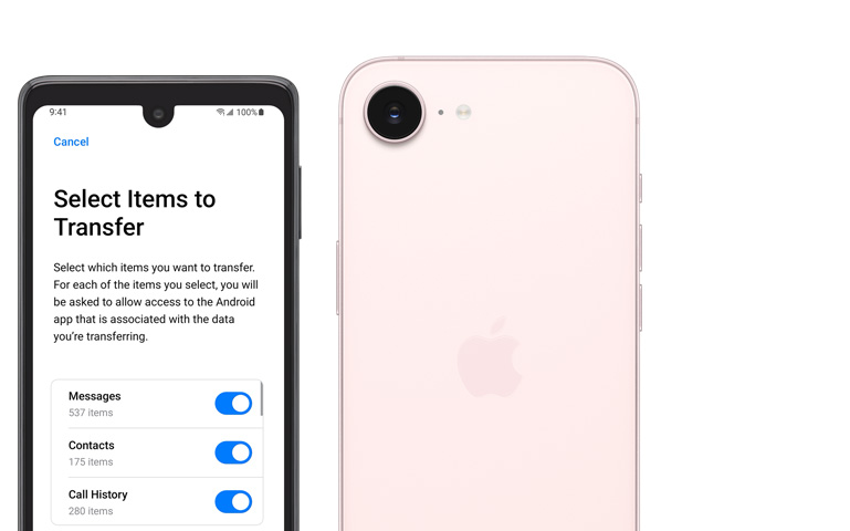 Side-by-side, Android screen showing Move to iOS App, iPhone 17e, back exterior, soft pink colour, Fusion camera