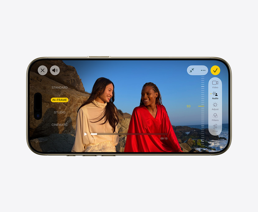 iPhone Air, etupuoli, ammattitason video Äänen miksaus ‑ominaisuudella käytössä