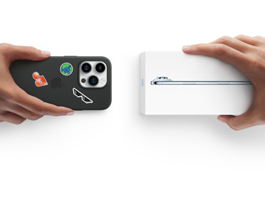 Hands exchanging trade-in iPhone 13 with Silicon cover, stickers on back exterior, for new iPhone Air in the box.