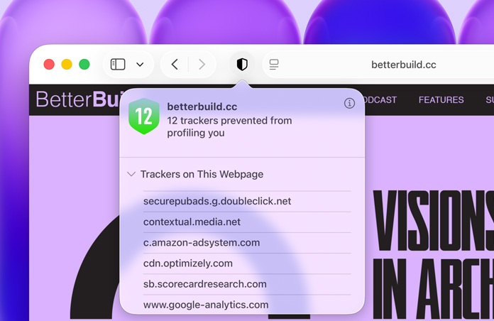 Fonctionnalité Rapport de confidentialité en cours d’utilisation, montrant la liste des traqueurs intersites que Safari empêche de créer un profil de la personne utilisatrice