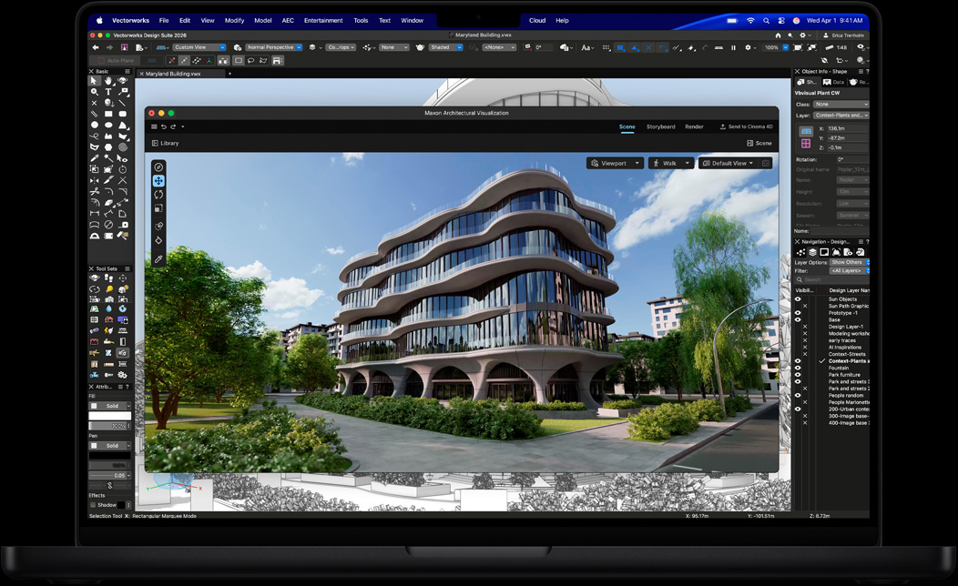 MacBook Pro-skärm som visar Vectorworks Design Suite med Maxon Redshift