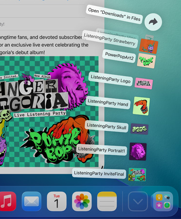 Lähikuva Dockista alaosassa ja siitä pystysuoraan viuhkamaisesti lähtevistä tiedostoista