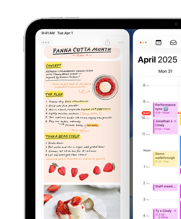 iPad, landscape orientation, top left screen shows Notes app and Calendar, arranged side-by-side, as example of window tiling