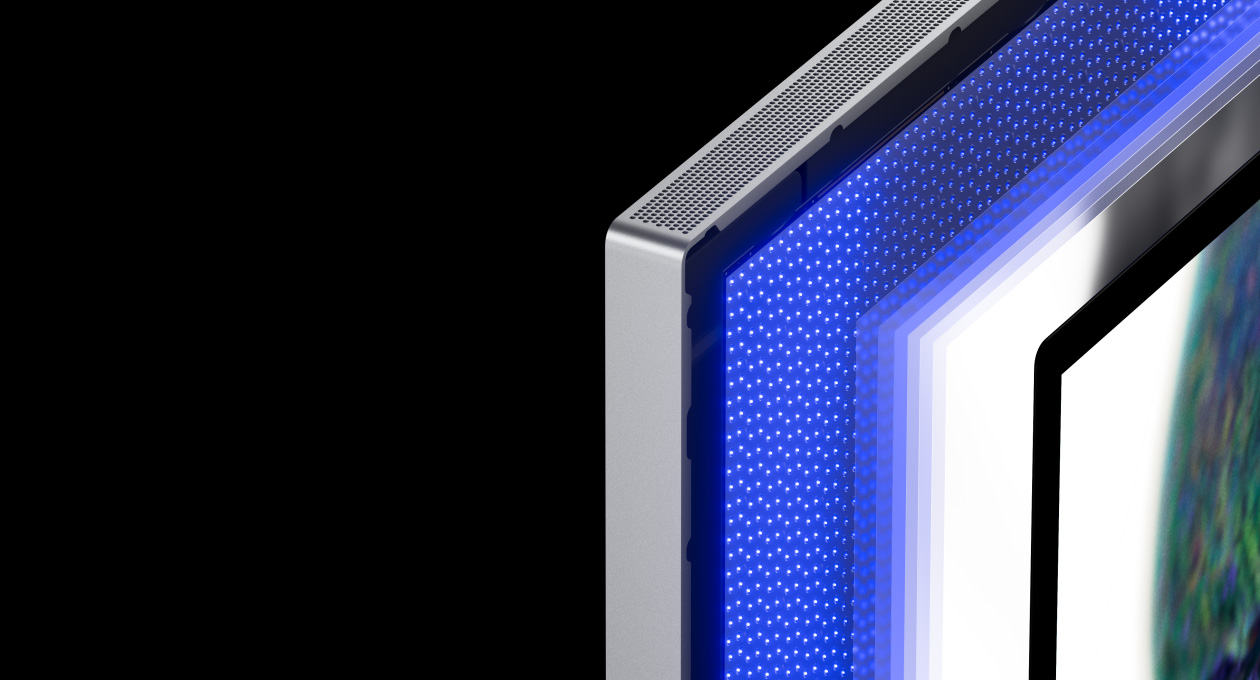 Une galerie présente les fonctionnalités du Studio Display XDR, notamment le rétroéclairage par mini-LED, les capacités de luminosité et de contraste, la Synchronisation adaptative et la connectivité