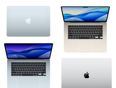 Quatre Mac de différents modèles, tailles et couleurs, illustrant la diversité des options de personnalisation