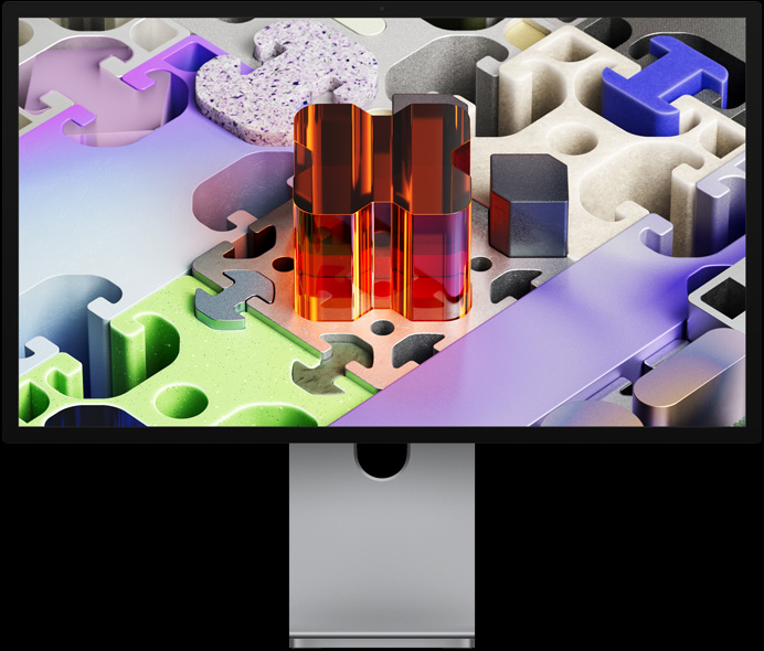 Front of Studio Display XDR with a three-dimensional puzzle-like wallpaper