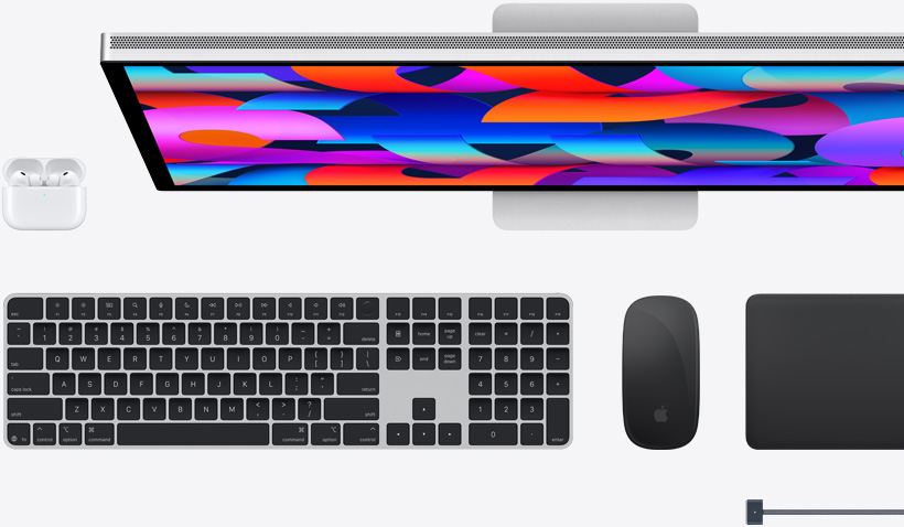 Acessórios para Mac: AirPods, Studio Display, Magic Keyboard, Magic Mouse, Magic Trackpad e cabo MagSafe para recarga